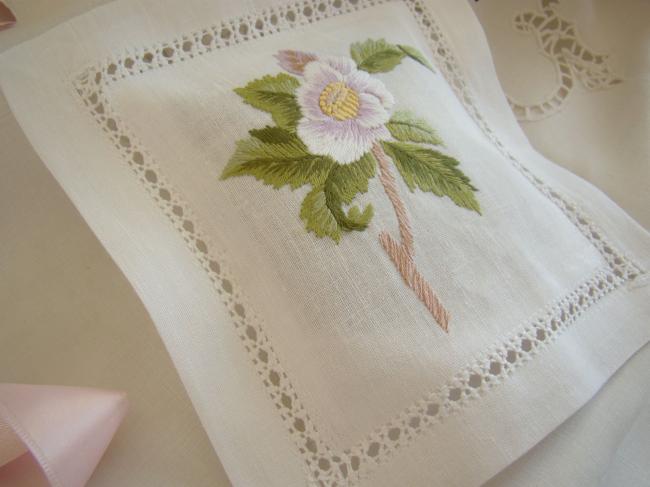Lovely lavander sachet with hand-embroidered drawn thread river& camellia flower