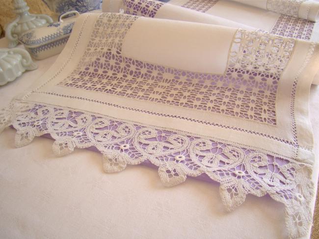 Wonderful table runner with openwork and Renaissance tape lace