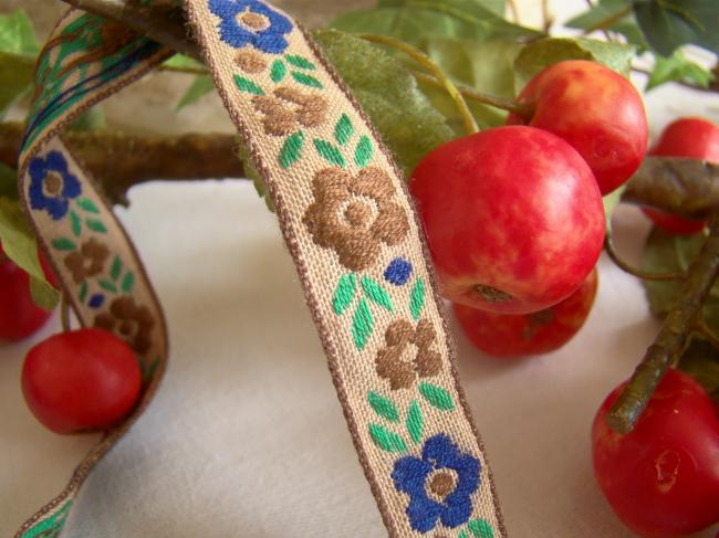 Joli ancien ruban en coton tissé de rinceaux de fleurs en 15mm