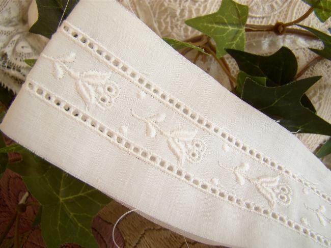 Charmante broderie d'entre-deux sur batiste de coton brodée de tulipes (40mm)