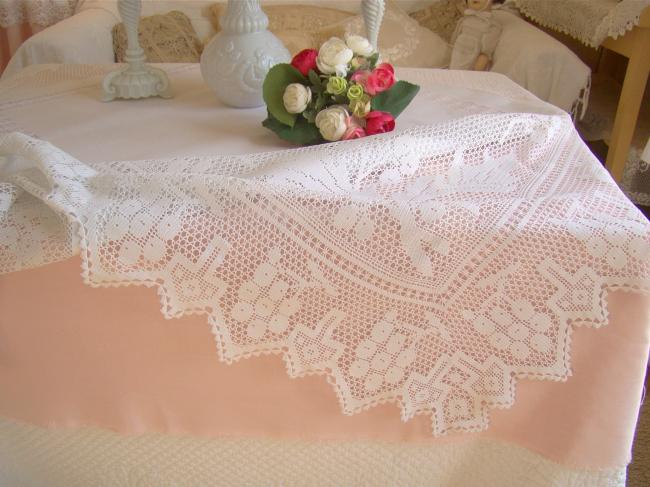 Marvelous festooned tablecloth with filet lace and drawn thread river 1900
