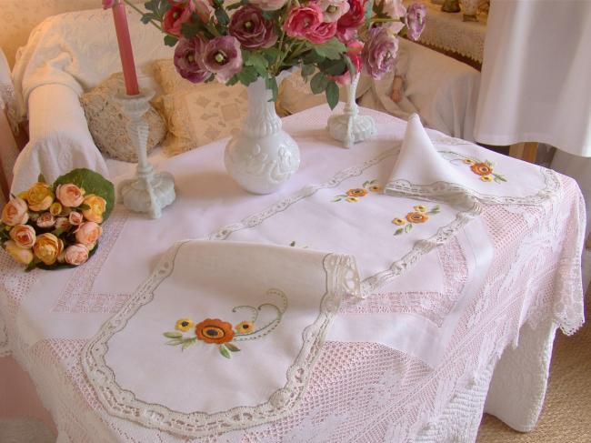 Lovely long table runner in linen withhand-embroidered flowers and foliage 1920