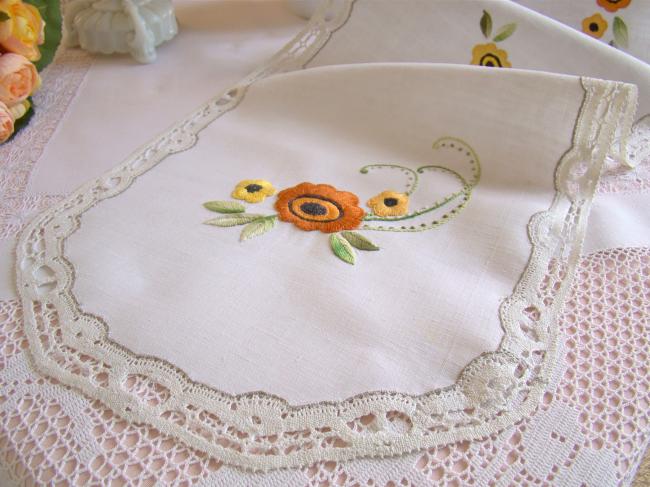 Lovely long table runner in linen withhand-embroidered flowers and foliage 1920
