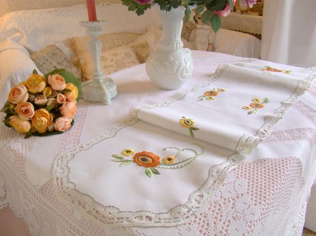 Lovely long table runner in linen withhand-embroidered flowers and foliage 1920