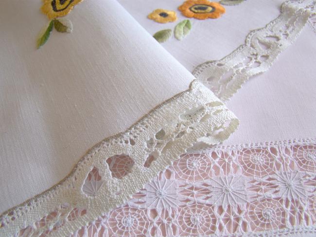 Lovely long table runner in linen withhand-embroidered flowers and foliage 1920
