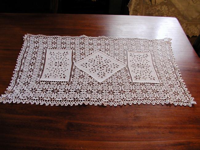 Lovely top hall table runner with crochet lace and Richelieu embroidery