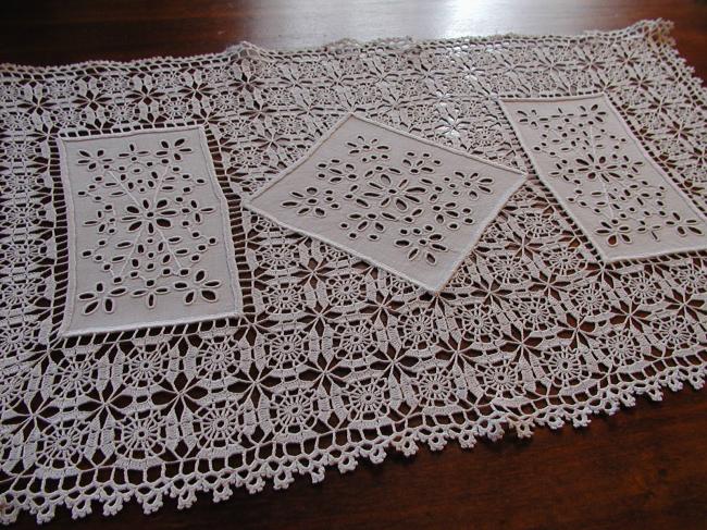 Lovely top hall table runner with crochet lace and Richelieu embroidery