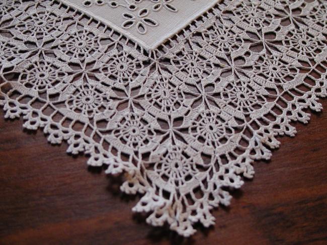 Lovely top hall table runner with crochet lace and Richelieu embroidery