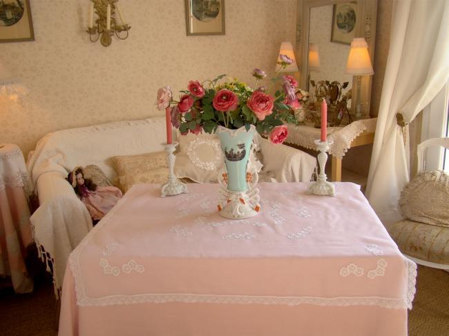 Lovely organza tablecloth with hand-embroidered daisies, Maison Noël circa 1950