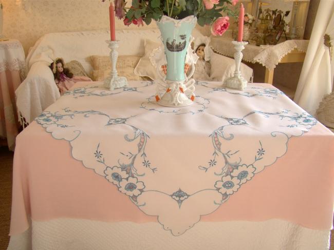 Romantic blue hand-embroidered linen tablecloth with Richelieu openwork 1930