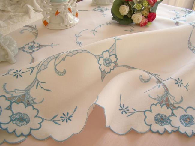 Romantic blue hand-embroidered linen tablecloth with Richelieu openwork 1930