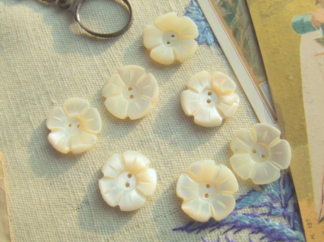 Merveilleux bouton de nacre blanche taillé en fleur à 5 pétales 1900