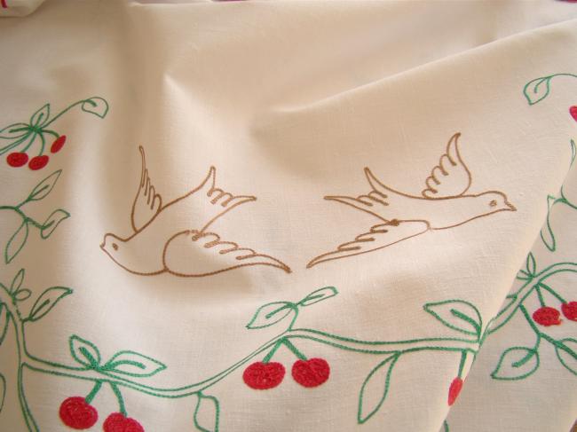 Lovely tea towel cover with hand embroidered cherries and birds