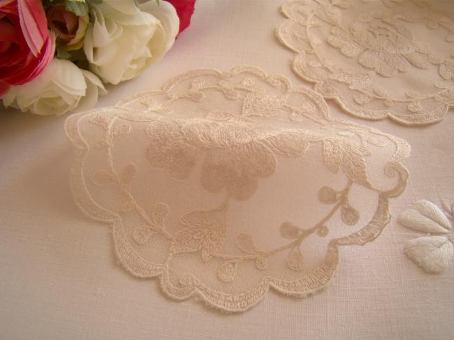 Superb pair of doilies in  old pink muslin with roses