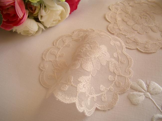 Superb pair of doilies in  old pink muslin with roses