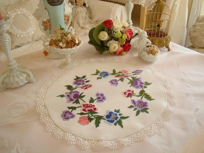 Fantastic round table centre with hand-embroidered pansies.