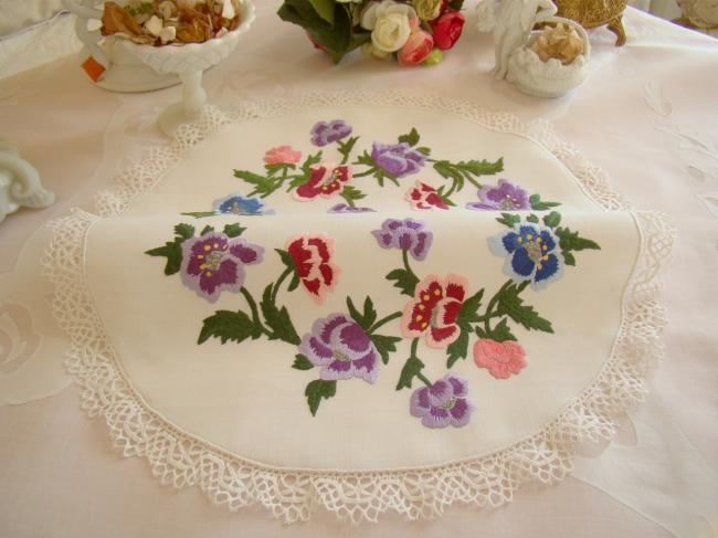 Fantastic round table centre with hand-embroidered pansies.