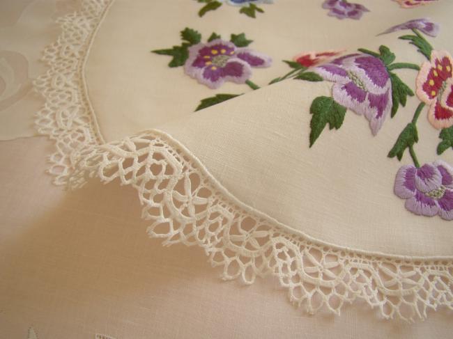 Fantastic round table centre with hand-embroidered pansies.