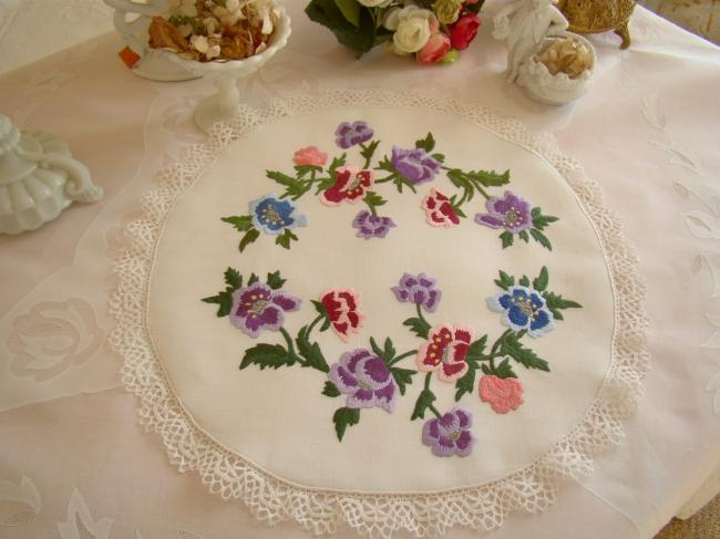 Fantastic round table centre with hand-embroidered pansies.