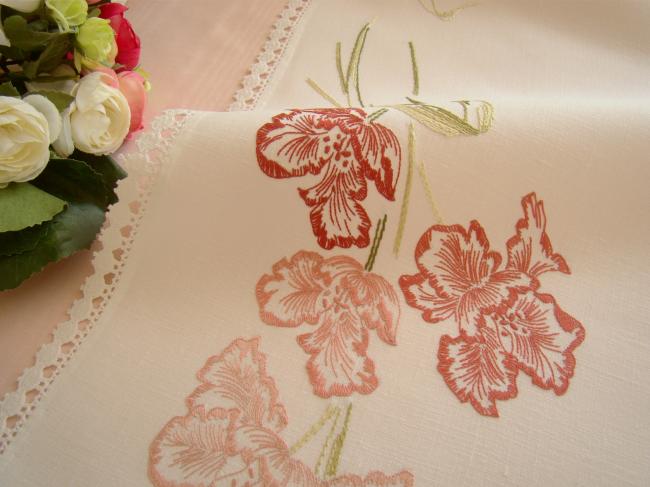 Fabulous table runner with hand-embroidered irises and lace