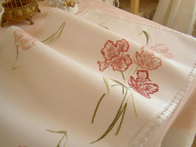Fabulous table runner with hand-embroidered irises and lace