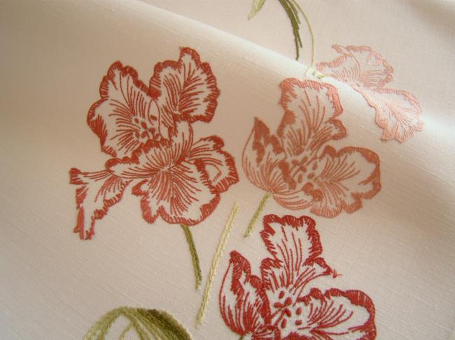 Fabulous table runner with hand-embroidered irises and lace