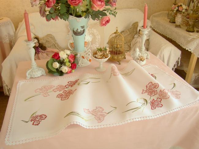 Fabulous table runner with hand-embroidered irises and lace