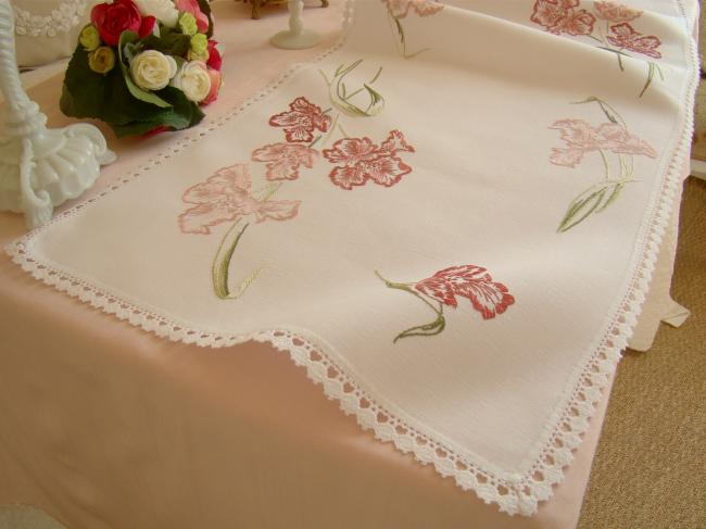 Fabulous table runner with hand-embroidered irises and lace