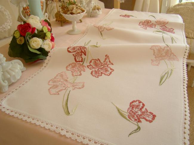 Fabulous table runner with hand-embroidered irises and lace