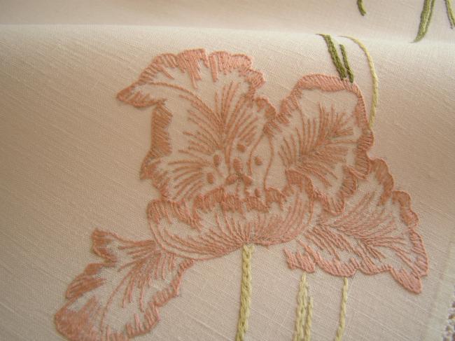 Fabulous table runner with hand-embroidered irises and lace