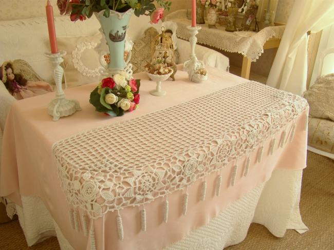 Superb crochet d'art lace buffet runner with flowers and tassels