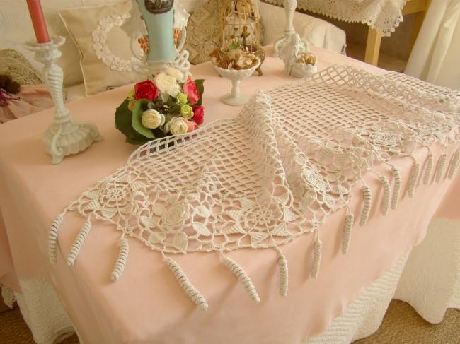 Superb crochet d'art lace buffet runner with flowers and tassels