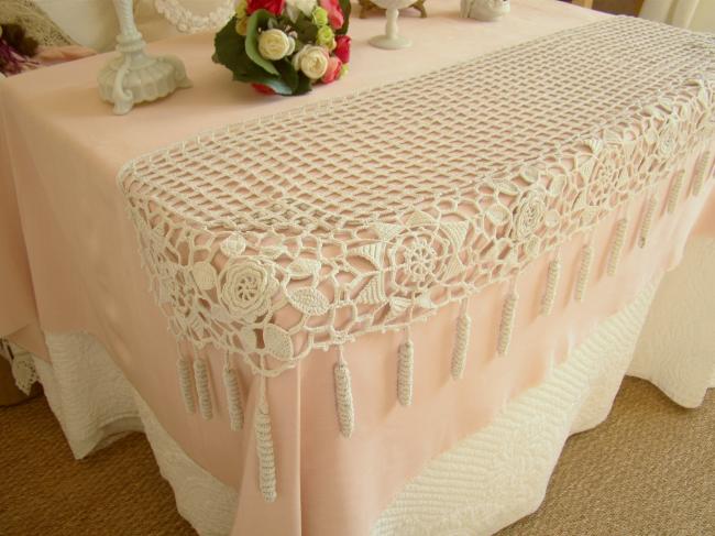 Superb crochet d'art lace buffet runner with flowers and tassels