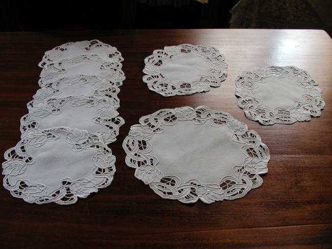 Gorgeous set of 8 Art Nouveau Richelieu embroidered doilies