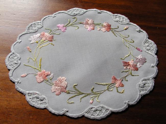 Charming silk embroidered carnations doily