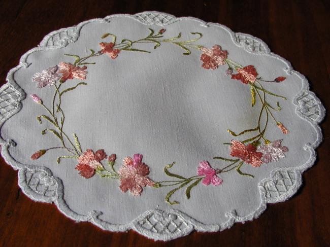 Charming silk embroidered carnations doily