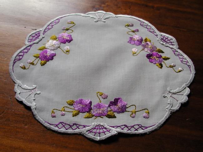 Charming silk  embroidered violets doily