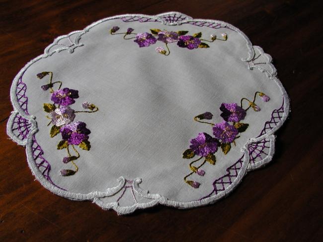 Charming silk  embroidered violets doily
