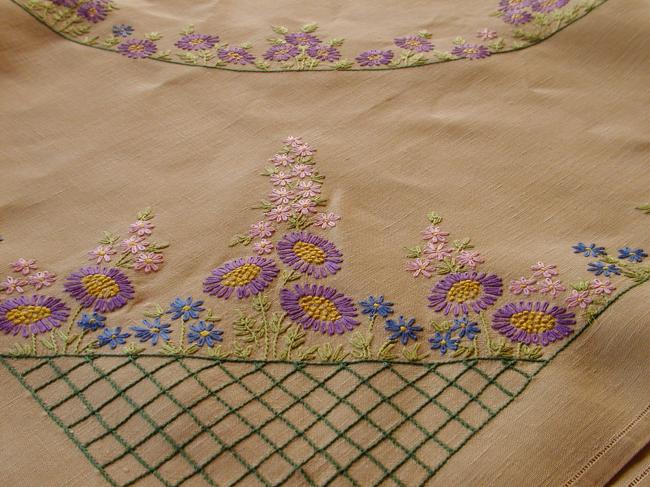 Gorgeous embroidered asters  and field flowers tablecloth