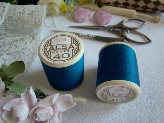 Adorable ancienne bobine de fils ALSA n°40 de DMC, n°516 Bleu pétrole