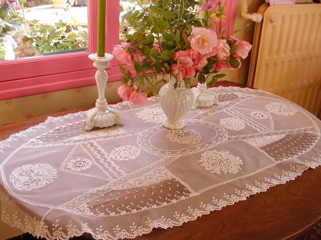 Extraordinary Normandy large table runner white embroidery&Valenciennes