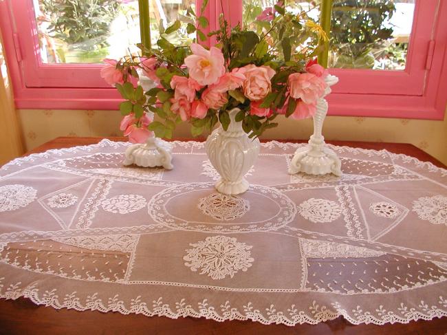 Extraordinary Normandy large table runner white embroidery&Valenciennes