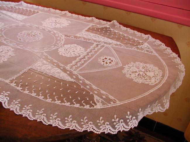 Extraordinary Normandy large table runner white embroidery&Valenciennes