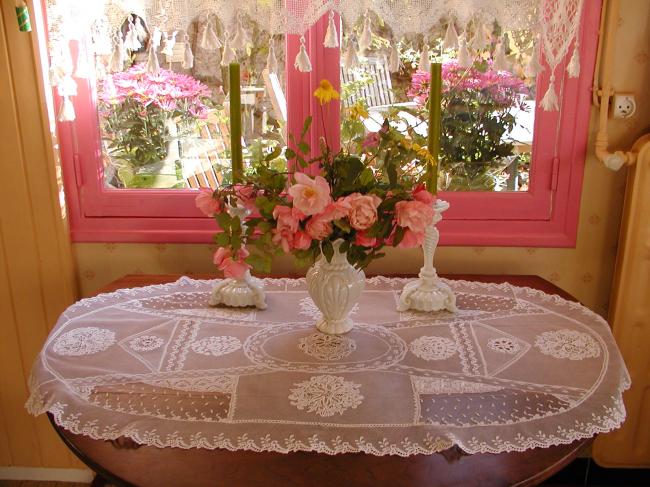 Extraordinary Normandy large table runner white embroidery&Valenciennes