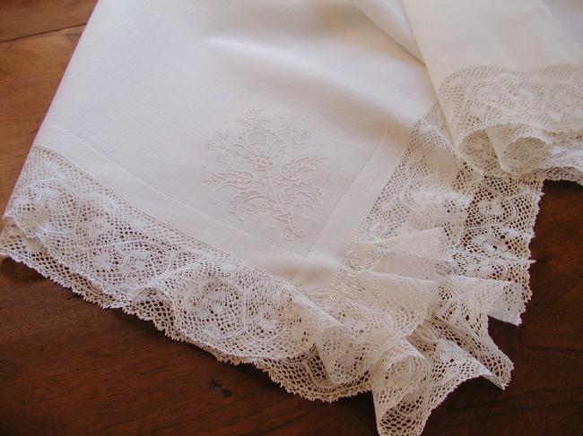 Exceptional layover sham in muslin of linen with Cornely embroidery&bobbin lace