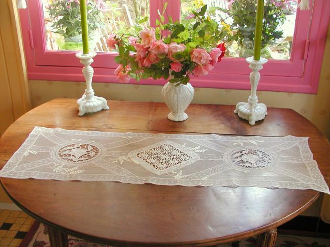 Superb Normandy large table runner white embroidery&Valenciennes