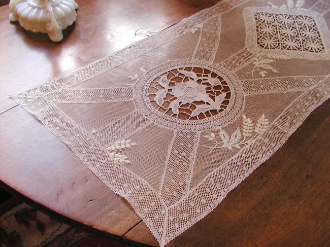 Superb Normandy large table runner white embroidery&Valenciennes