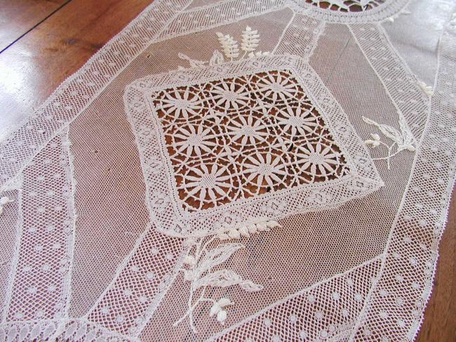 Superb Normandy large table runner white embroidery&Valenciennes