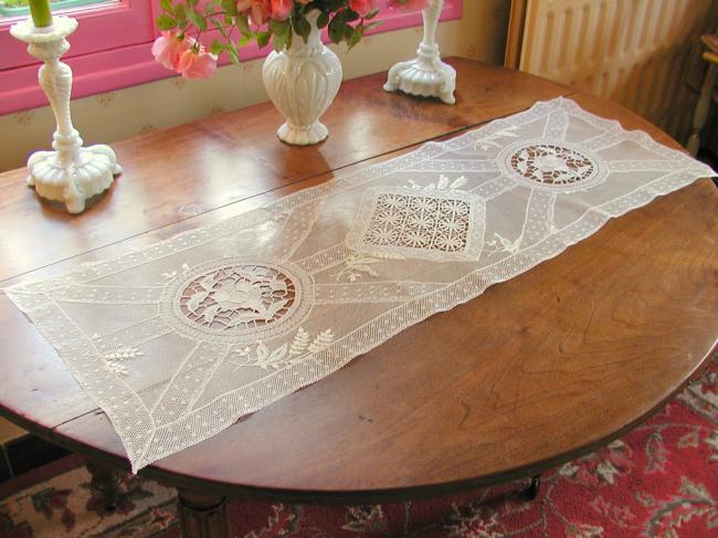 Superb Normandy large table runner white embroidery&Valenciennes