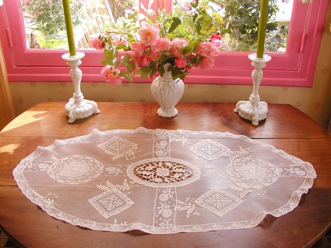 Marvellous Normandy large table runner white embroidery&Valenciennes, fillet